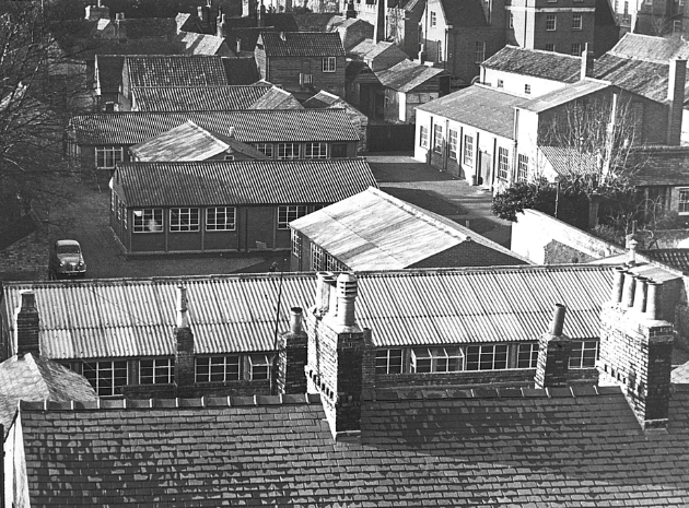 A black and white photo of the original buildings of the department of chemical engineering